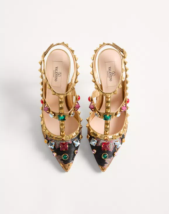 Valentino Rockstud Pumps With Straps In Jacquard Apres L’Hiver Fabric With Crystals 100Mm - Image 5